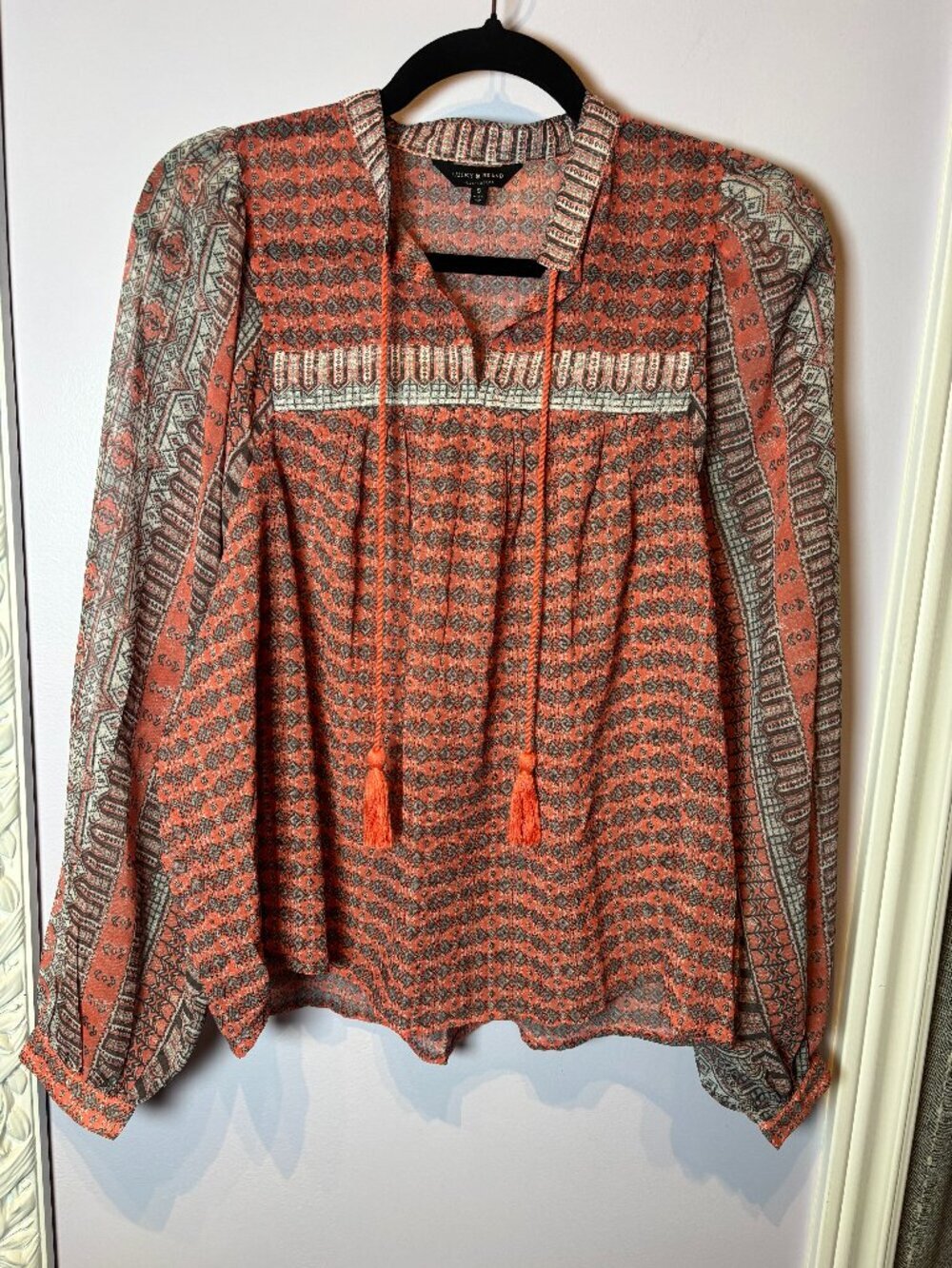 Lucky Brand Peasant Pink Gray Sheer Boho Tassle Top Size Small